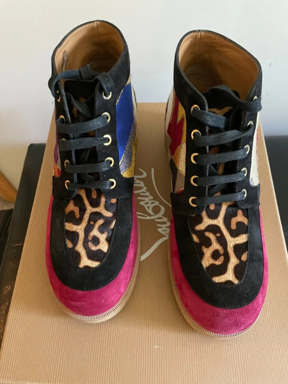Men's Christian Louboutin size 8 1/2 or 41 1/2 pony hair multi colored rare boot